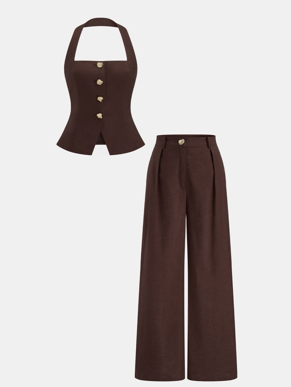 Commense Brown Cotton Linen Halter buttoned Top & Pants Set